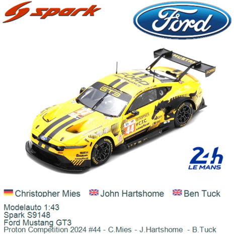 Modelauto 1:43 | Spark S9148 | Ford Mustang GT3 | Proton Competition 2024 #44 - C.Mies - J.Hartshome  - B.Tuck 