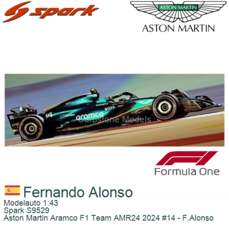 Modelauto 1:43 | Spark S9529 | Aston Martin Aramco F1 Team AMR24 2024 #14 - F.Alonso