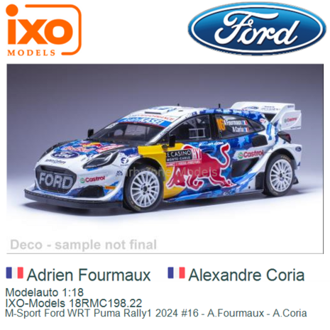 Modelauto 1:18 | IXO-Models 18RMC198.22 | M-Sport Ford WRT Puma Rally1 2024 #16 - A.Fourmaux - A.Coria