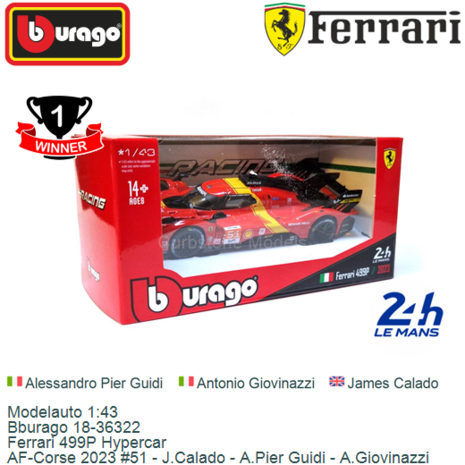 Modelauto 1:43 | Bburago 18-36322 | Ferrari 499P Hypercar | AF-Corse 2023 #51 - J.Calado - A.Pier Guidi - A.Giovinazzi