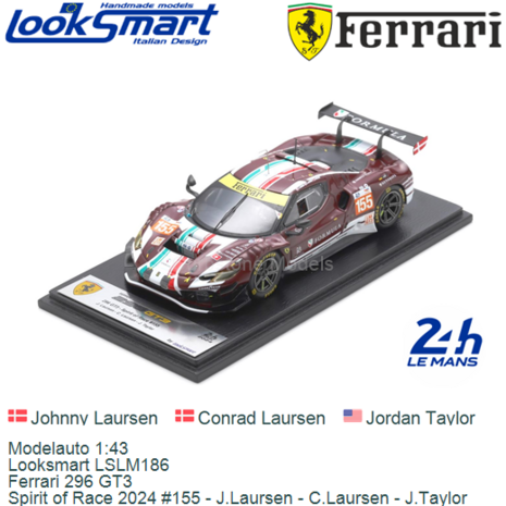 Modelauto 1:43 | Looksmart LSLM186 | Ferrari 296 GT3 | Spirit of Race 2024 #155 - J.Laursen - C.Laursen - J.Taylor