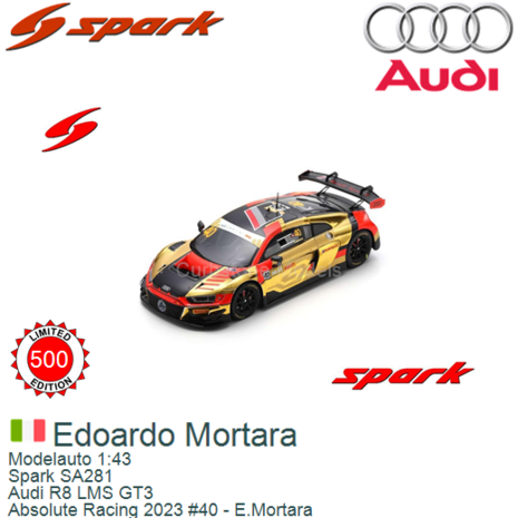 Modelauto 1:43 | Spark SA281 | Audi R8 LMS GT3 | Absolute Racing 2023 #40 - E.Mortara