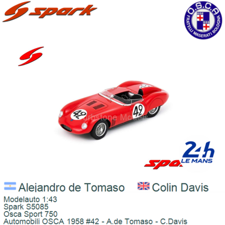 Modelauto 1:43 | Spark S5085 | Osca Sport 750 | Automobili OSCA 1958 #42 - A.de Tomaso - C.Davis