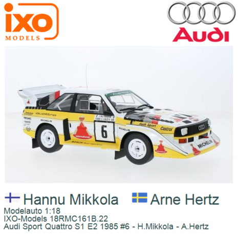 Modelauto 1:18 | IXO-Models 18RMC161B.22 | Audi Sport Quattro S1 E2 1985 #6 - H.Mikkola - A.Hertz