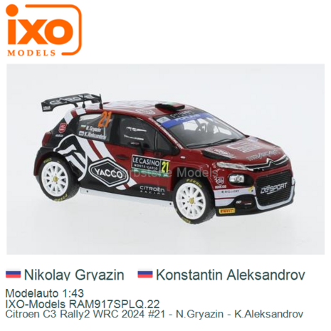 Modelauto 1:43 | IXO-Models RAM917SPLQ.22 | Citroen C3 Rally2 WRC 2024 #21 - N.Gryazin - K.Aleksandrov