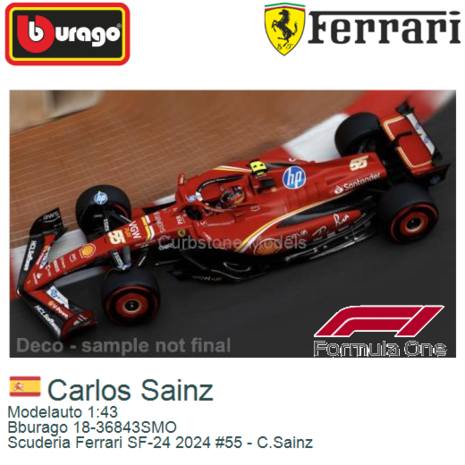 Modelauto 1:43 | Bburago 18-36843SMO | Scuderia Ferrari SF-24 2024 #55 - C.Sainz