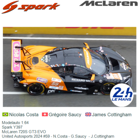 Modelauto 1:64 | Spark Y397 | McLaren 720S GT3 EVO | United Autosports 2024 #59 - N.Costa - G.Saucy  - J.Cottingham