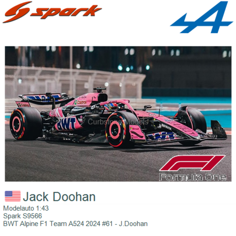 Modelauto 1:43 | Spark S9566 | BWT Alpine F1 Team A524 2024 #61 - J.Doohan