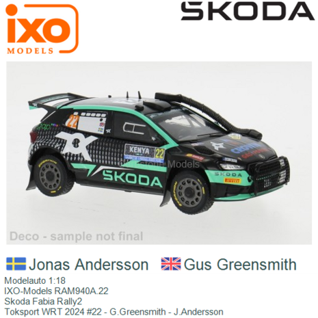 Modelauto 1:18 | IXO-Models RAM940A.22 | Skoda Fabia Rally2 | Toksport WRT 2024 #22 - G.Greensmith - J.Andersson