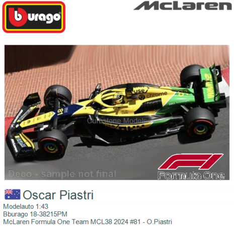 Modelauto 1:43 | Bburago 18-38215PM | McLaren Formula One Team MCL38 2024 #81 - O.Piastri