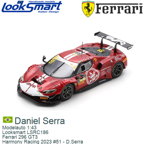 Modelauto 1:43 | Looksmart LSRC186 | Ferrari 296 GT3 | Harmony Racing 2023 #51 - D.Serra