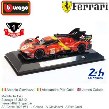 Modelauto 1:43 | Bburago 18-36312 | Ferrari 499P Hypercar | AF-Corse 2023 #51 - J.Calado - A.Giovinazzi - A.Pier Guidi