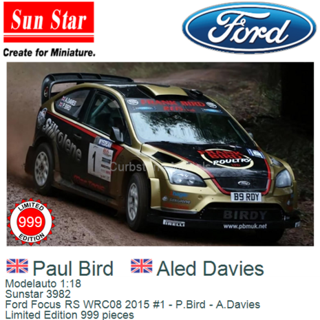 Modelauto 1:18 | Sunstar 3982 | Ford Focus RS WRC08 2015 #1 - P.Bird - A.Davies