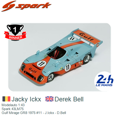 Modelauto 1:43 | Spark 43LM75 | Gulf Mirage GR8 1975 #11 - J.Ickx - D.Bell