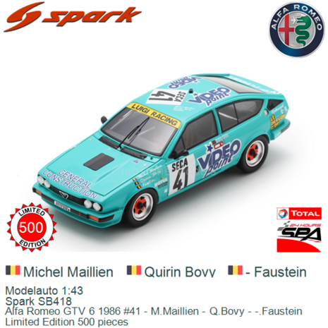 Modelauto 1:43 | Spark SB418 | Alfa Romeo GTV 6 1986 #41 - M.Maillien - Q.Bovy - -.Faustein