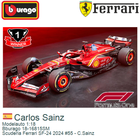 Modelauto 1:18 | Bburago 18-16815SM | Scuderia Ferrari SF-24 2024 #55 - C.Sainz