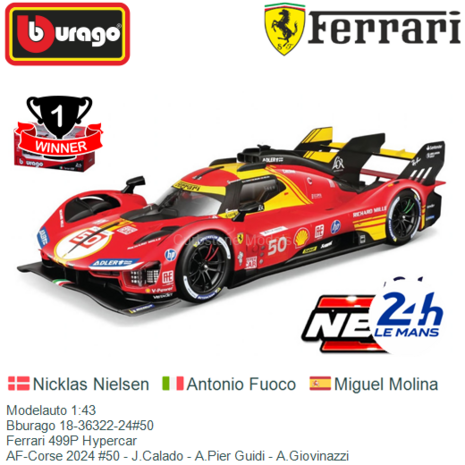 Modelauto 1:43 | Bburago 18-36322-24#50 | Ferrari 499P Hypercar | AF-Corse 2024 #50 - J.Calado - A.Pier Guidi - A.Giovinazzi