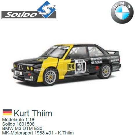 Modelauto 1:18 | Solido 1801508 | BMW M3 DTM E30 | MK-Motorsport 1988 #31 - K.Thiim