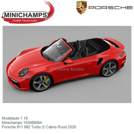 Modelauto 1:18 | Minichamps 155069084 | Porsche 911 992 Turbo S Cabrio Rood 2020