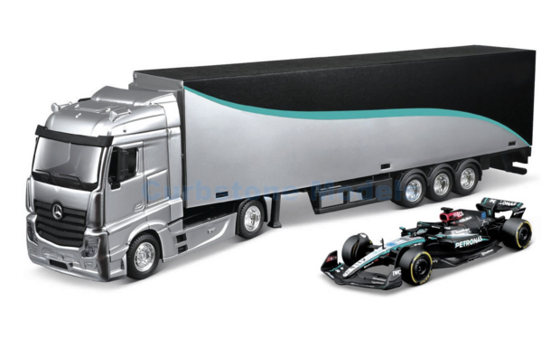 Vrachtwagen 1:43 | Bburago 18-38402 | Mercedes AMG Pertronas Formula One Team Actros CAB 2023 - G.Russell