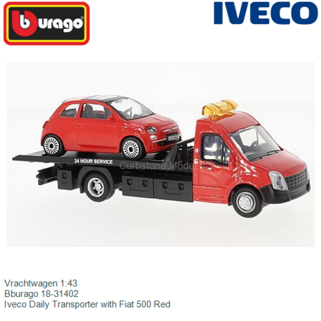 Vrachtwagen 1:43 | Bburago 18-31402 | Iveco Daily Transporter with Fiat 500 Red