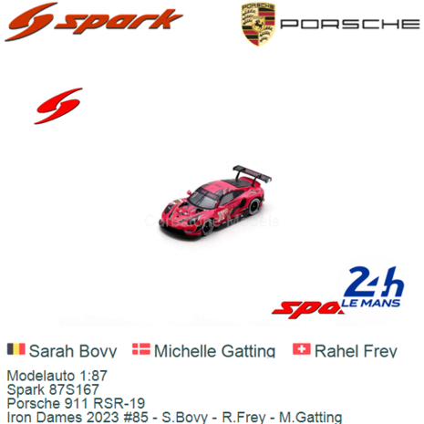 Modelauto 1:87 | Spark 87S167 | Porsche 911 RSR-19 | Iron Dames 2023 #85 - S.Bovy - R.Frey - M.Gatting