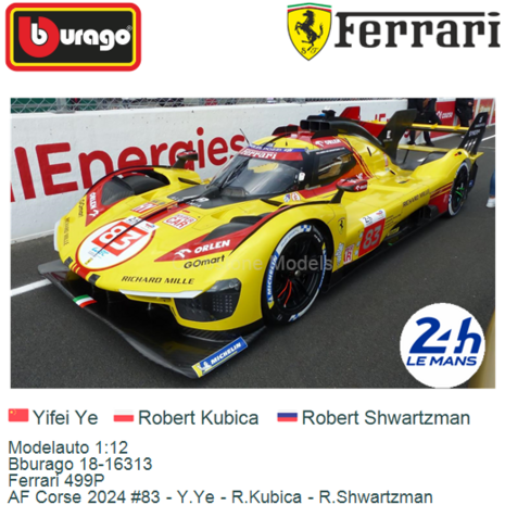 Modelauto 1:12 | Bburago 18-16313 | Ferrari 499P | AF Corse 2024 #83 - Y.Ye - R.Kubica - R.Shwartzman