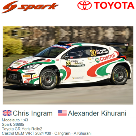 Modelauto 1:43 | Spark S6885 | Toyota GR Yaris Rally2 | Castrol MEM WRT 2024 #30 - C.Ingram - A.Kihurani