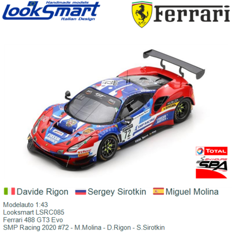 Modelauto 1:43 | Looksmart LSRC085 | Ferrari 488 GT3 Evo | SMP Racing 2020 #72 - M.Molina - D.Rigon - S.Sirotkin