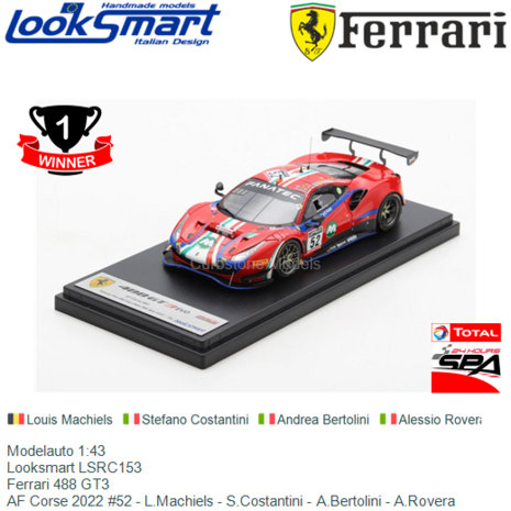 Modelauto 1:43 | Looksmart LSRC153 | Ferrari 488 GT3 | AF Corse 2022 #52 - L.Machiels - S.Costantini - A.Bertolini - A.Rovera