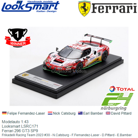 Modelauto 1:43 | Looksmart LSRC171 | Ferrari 296 GT3 SP9 | Frikadelli Racing Team 2023 #30 - N.Catsburg - F.Fernandez-Laser - D