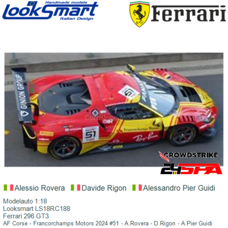 Modelauto 1:18 | Looksmart LS18RC188 | Ferrari 296 GT3 | AF Corse - Francorchamps Motors 2024 #51 - A.Rovera - D.Rigon - A.Pier