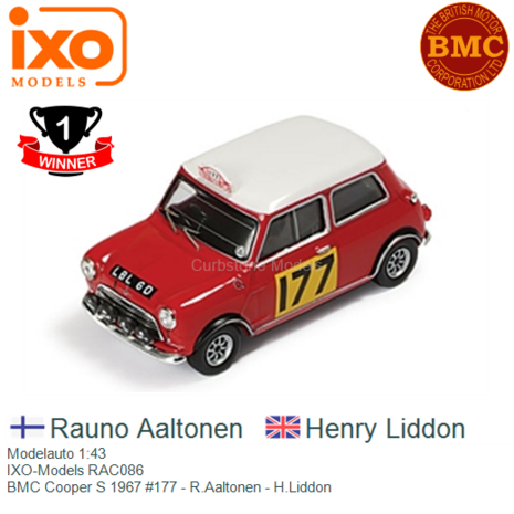 Modelauto 1:43 | IXO-Models RAC086 | BMC Cooper S 1967 #177 - R.Aaltonen - H.Liddon