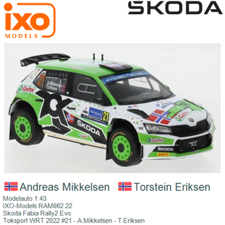 Modelauto 1:43 | IXO-Models RAM862.22 | Skoda Fabia Rally2 Evo | Toksport WRT 2022 #21 - A.Mikkelsen - T.Eriksen