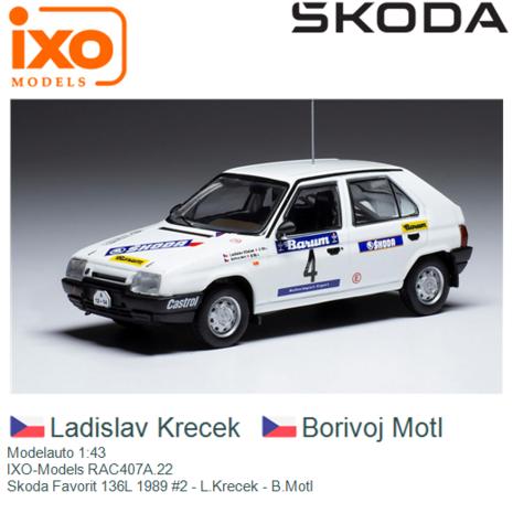 Modelauto 1:43 | IXO-Models RAC407A.22 | Skoda Favorit 136L 1989 #2 - L.Krecek - B.Motl