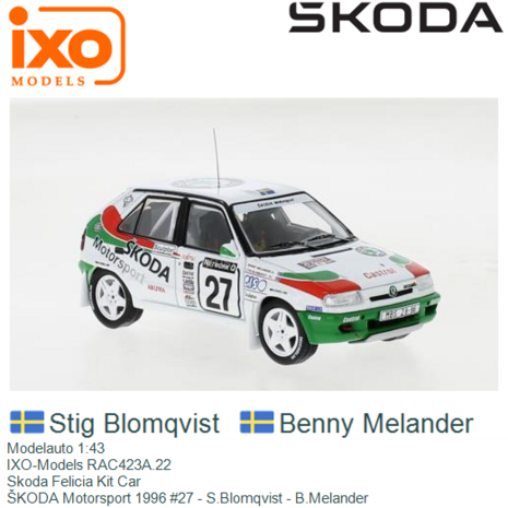 Modelauto 1:43 | IXO-Models RAC423A.22 | Skoda Felicia Kit Car | ŠKODA Motorsport 1996 #27 - S.Blomqvist - B.Melander