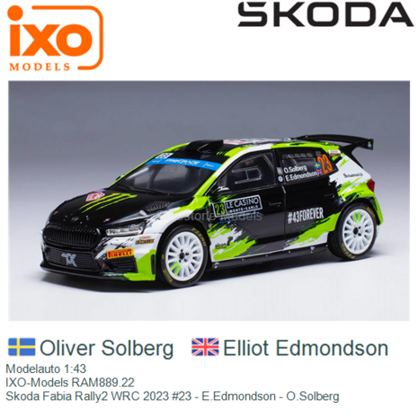 Modelauto 1:43 | IXO-Models RAM889.22 | Skoda Fabia Rally2 WRC 2023 #23 - E.Edmondson - O.Solberg