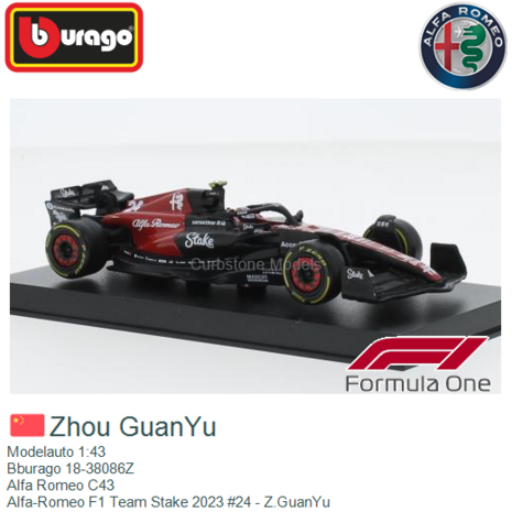 Modelauto 1:43 | Bburago 18-38086Z | Alfa Romeo C43 | Alfa-Romeo F1 Team Stake 2023 #24 - Z.GuanYu