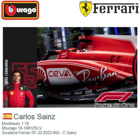 Modelauto 1:18 | Bburago 18-16812SLV | Scuderia Ferrari SF-23 2023 #55 - C.Sainz