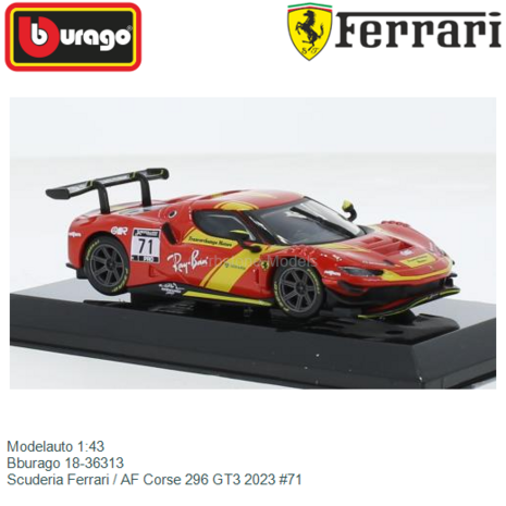 Modelauto 1:43 | Bburago 18-36313 | Scuderia Ferrari / AF Corse 296 GT3 2023 #71