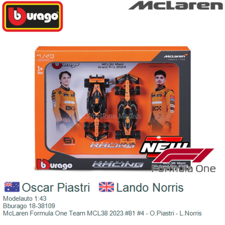 Modelauto 1:43 | Bburago 18-38109 | McLaren Formula One Team MCL38 2023 #81 #4 - O.Piastri - L.Norris