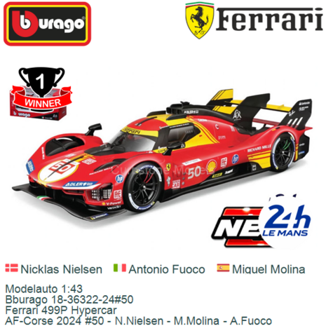 Modelauto 1:43 | Bburago 18-36322-24#50 | Ferrari 499P Hypercar | AF-Corse 2024 #50 - N.Nielsen - M.Molina - A.Fuoco