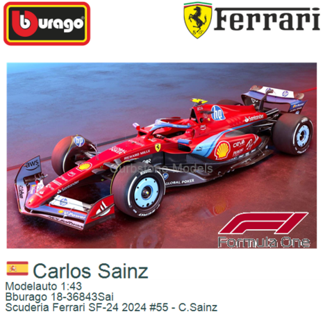 Modelauto 1:43 | Bburago 18-36843Sai | Scuderia Ferrari SF-24 2024 #55 - C.Sainz