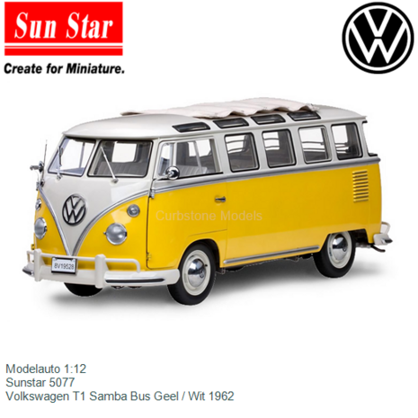 Modelauto 1:12 | Sunstar 5077 | Volkswagen T1 Samba Bus Geel / Wit 1962