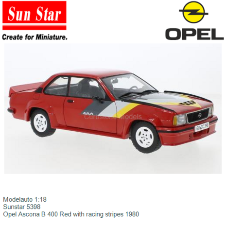 Modelauto 1:18 | Sunstar 5398 | Opel Ascona B 400 Red with racing stripes 1980