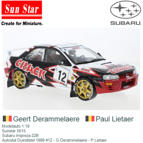 Modelauto 1:18 | Sunstar 5515 | Subaru Impreza 22B | Autostal Duindistel 1998 #12 - G.Derammelaere - P.Lietaer