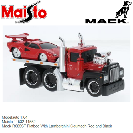 Modelauto 1:64 | Maisto 11532-11552 | Mack R685ST Flatbed With Lamborghini Countach Red and Black