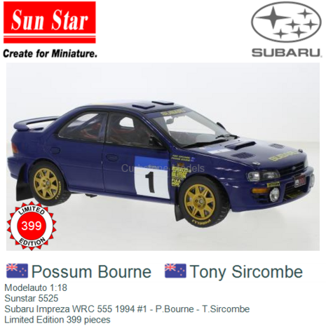 Modelauto 1:18 | Sunstar 5525 | Subaru Impreza WRC 555 1994 #1 - P.Bourne - T.Sircombe