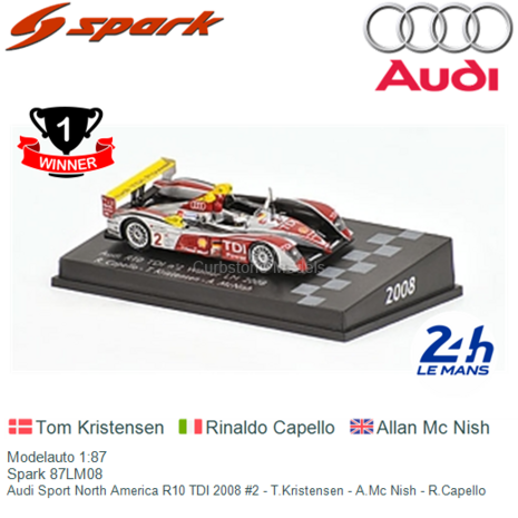 Modelauto 1:87 | Spark 87LM08 | Audi Sport North America R10 TDI 2008 #2 - T.Kristensen - A.Mc Nish - R.Capello