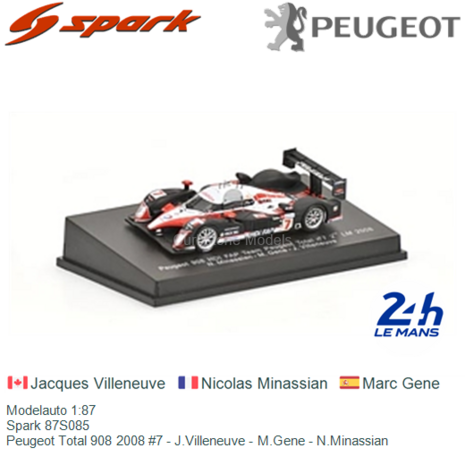 Modelauto 1:87 | Spark 87S085 | Peugeot Total 908 2008 #7 - J.Villeneuve - M.Gene - N.Minassian